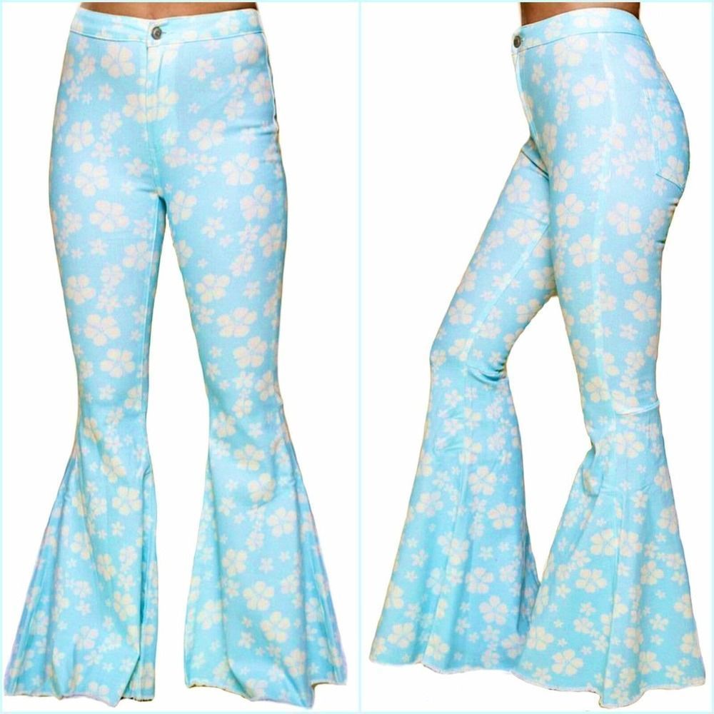Sky Blue Hibiscus Floral Bell Bottom Jeans- sku: 9149
